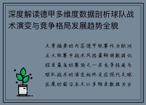 深度解读德甲多维度数据剖析球队战术演变与竞争格局发展趋势全貌